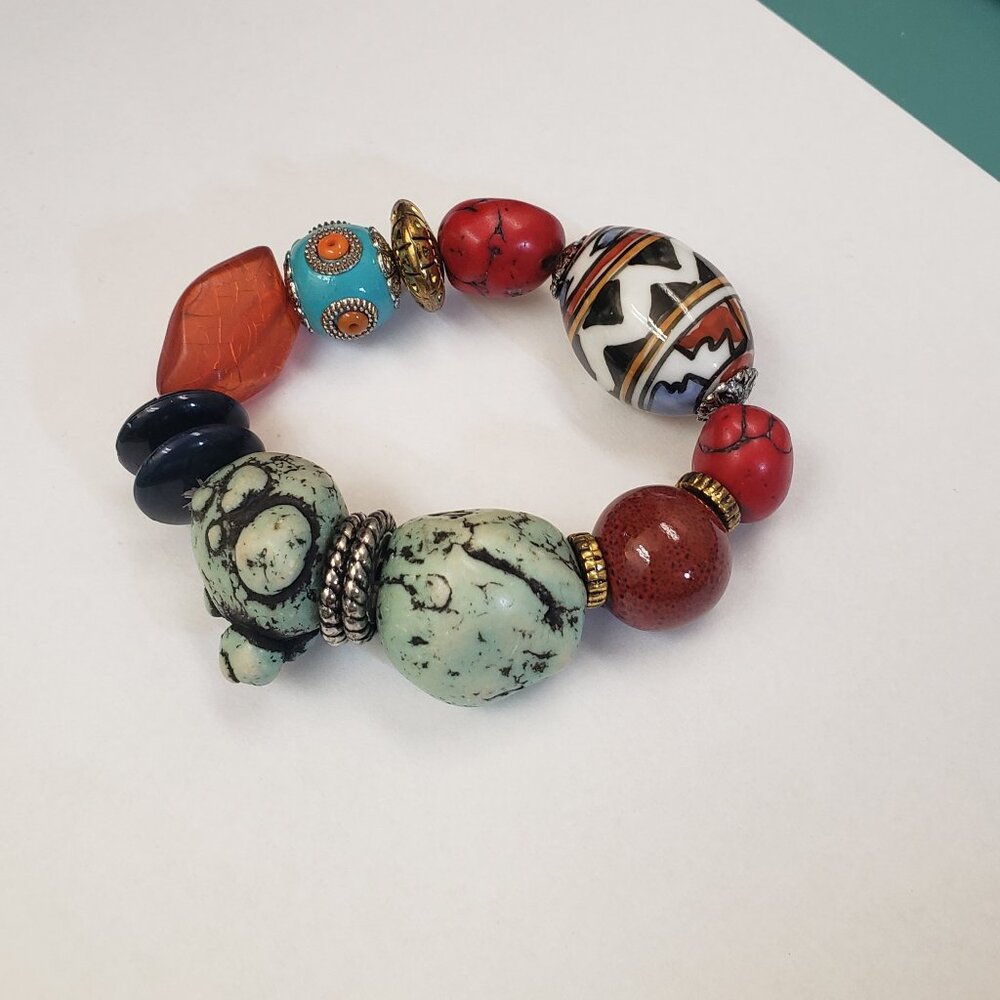 Tous, RARE natural stone, ceramic, glass Boho style stretch bracelet
